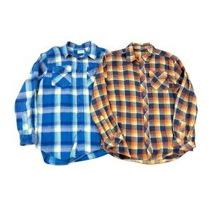 Lot of 2 LL Bean Plaid Flannel Button Up Snap Shirts Blue Boys Large 14-16